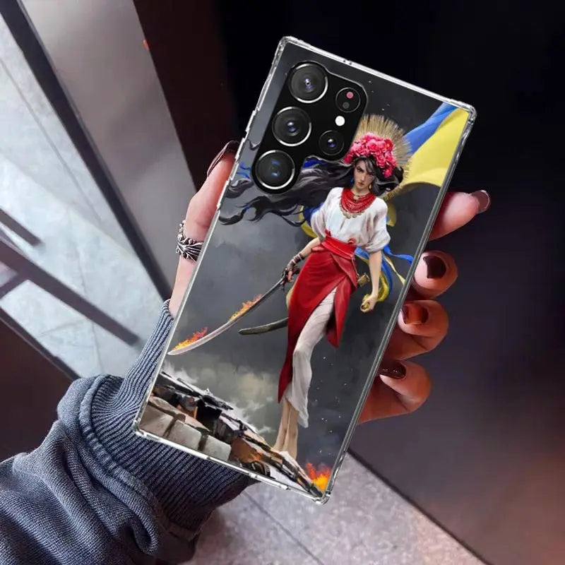 Ukrainian Patriotic Silicone Phone Case on Samsung Galaxy featuring vibrant Ukrainian Girl design for style and protection.