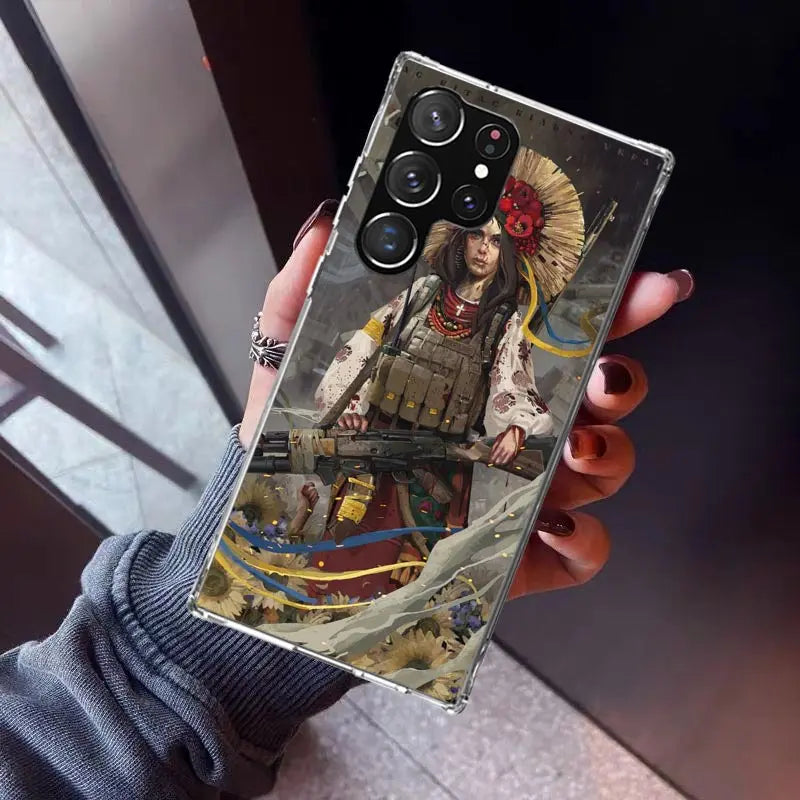 Ukrainian Patriotic Silicone Phone Case for Samsung Galaxy with colorful Ukrainian Girl design, showing support and style.