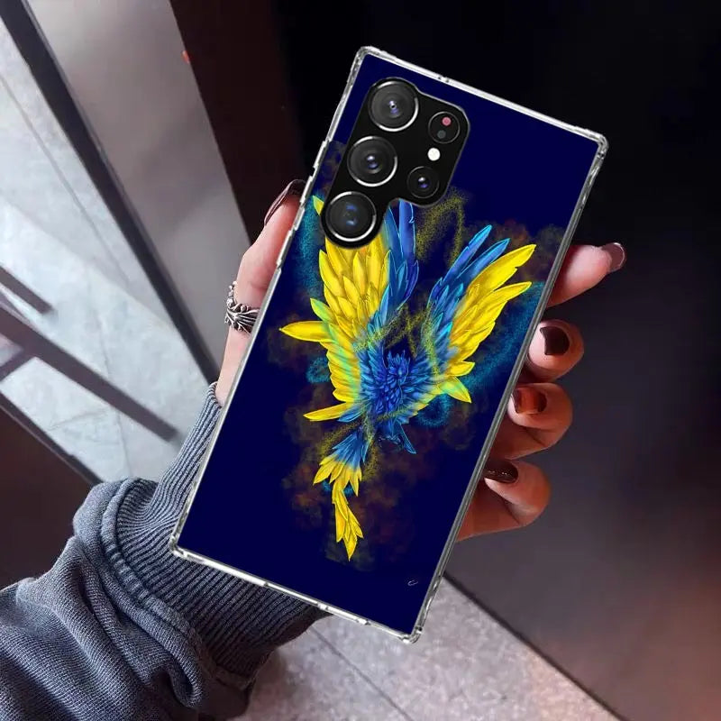 Ukrainian Patriotic Silicone Phone Case for Samsung Galaxy featuring vibrant bird design in yellow and blue colors.