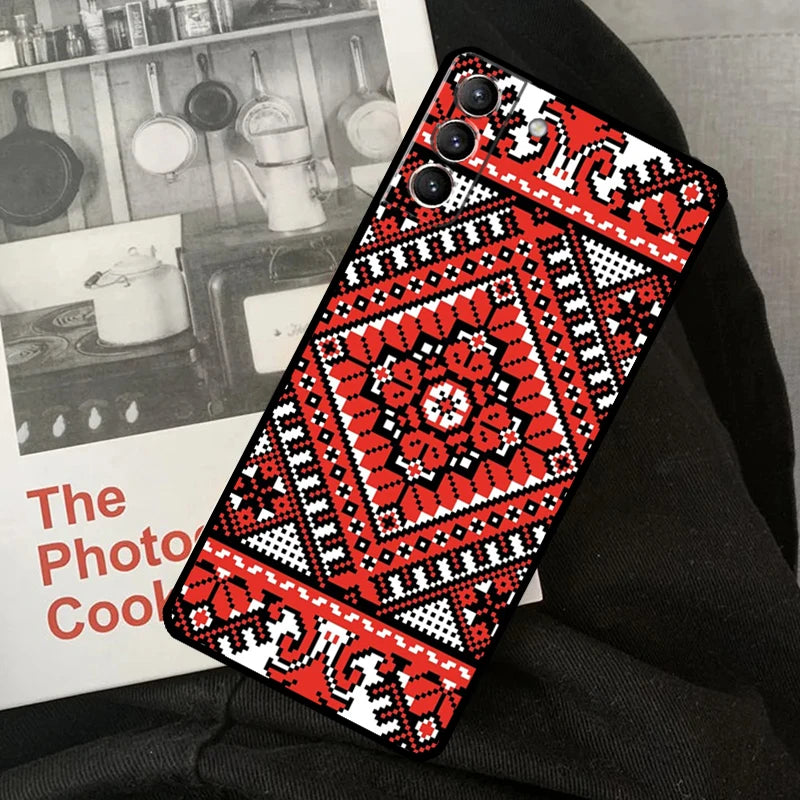 Ukrainian Pattern Phone Case for Galaxy with red and black ornament design, offering durable protection and precise button cutouts.