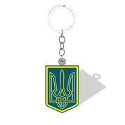 Ukrainian Trident symbol pendant keychain in blue and yellow acrylic resin, representing heritage, peace, and unity.
