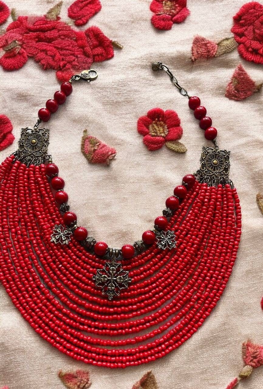 Red bead necklace with crosses, featuring Ukrainian traditional glass and acrylic beads with bronze and brass fittings.