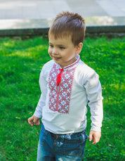 Toddler boy wearing traditional Ukrainian embroidered vyshyvanka shirt outdoors.