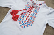 Traditional Ukrainian embroidered vyshyvanka for boys, featuring red and blue patterns with tassels, perfect for cultural events.