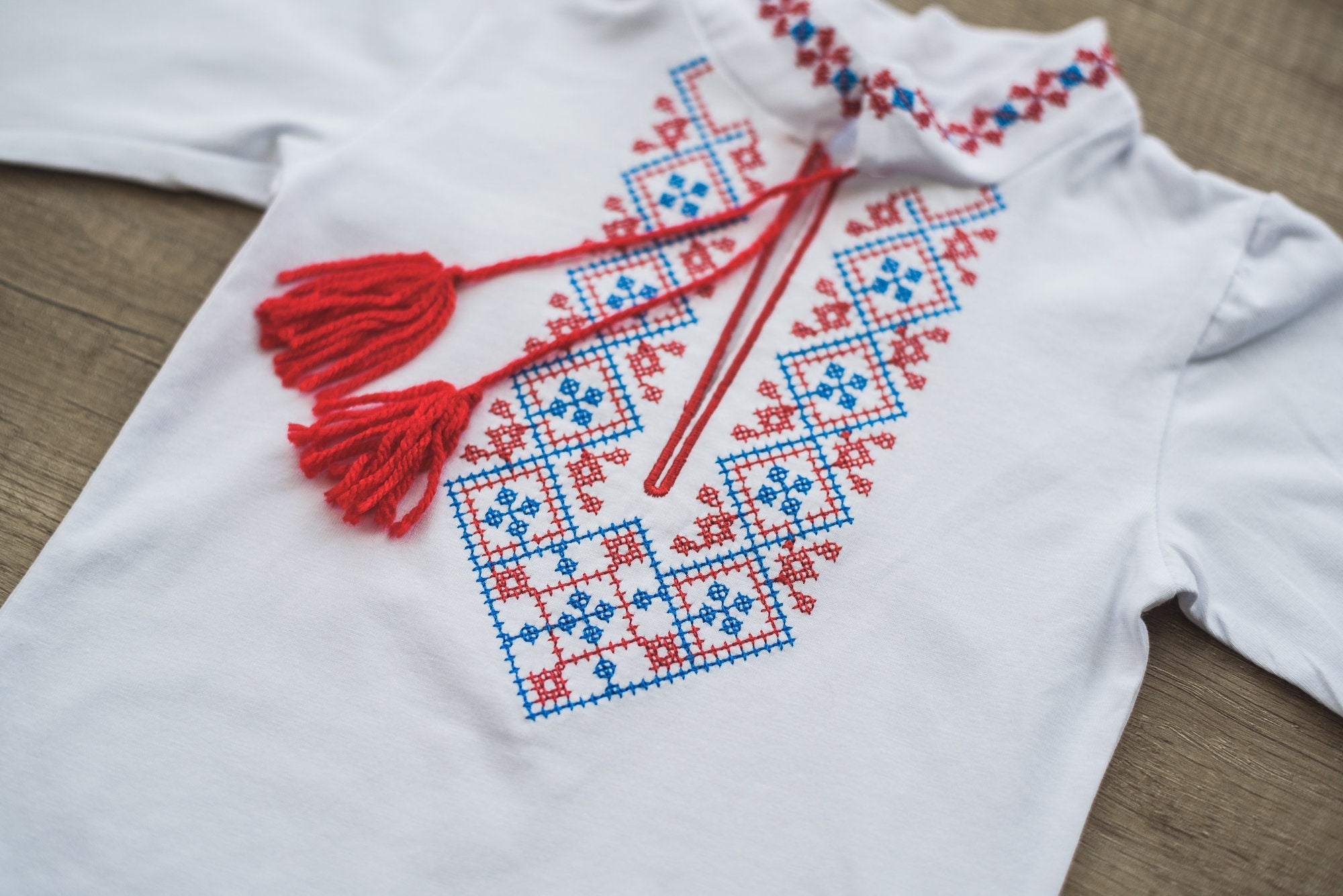Traditional Ukrainian embroidered vyshyvanka for boys, featuring red and blue patterns with tassels, perfect for cultural events.