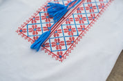 Close-up of Ukrainian vyshyvanka embroidery, featuring red and blue traditional patterns on a white fabric with tassels.