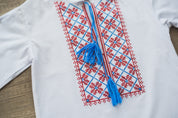 Traditional Ukrainian vyshyvanka for boys with red and blue embroidery on white fabric, ideal for cultural events and holidays.