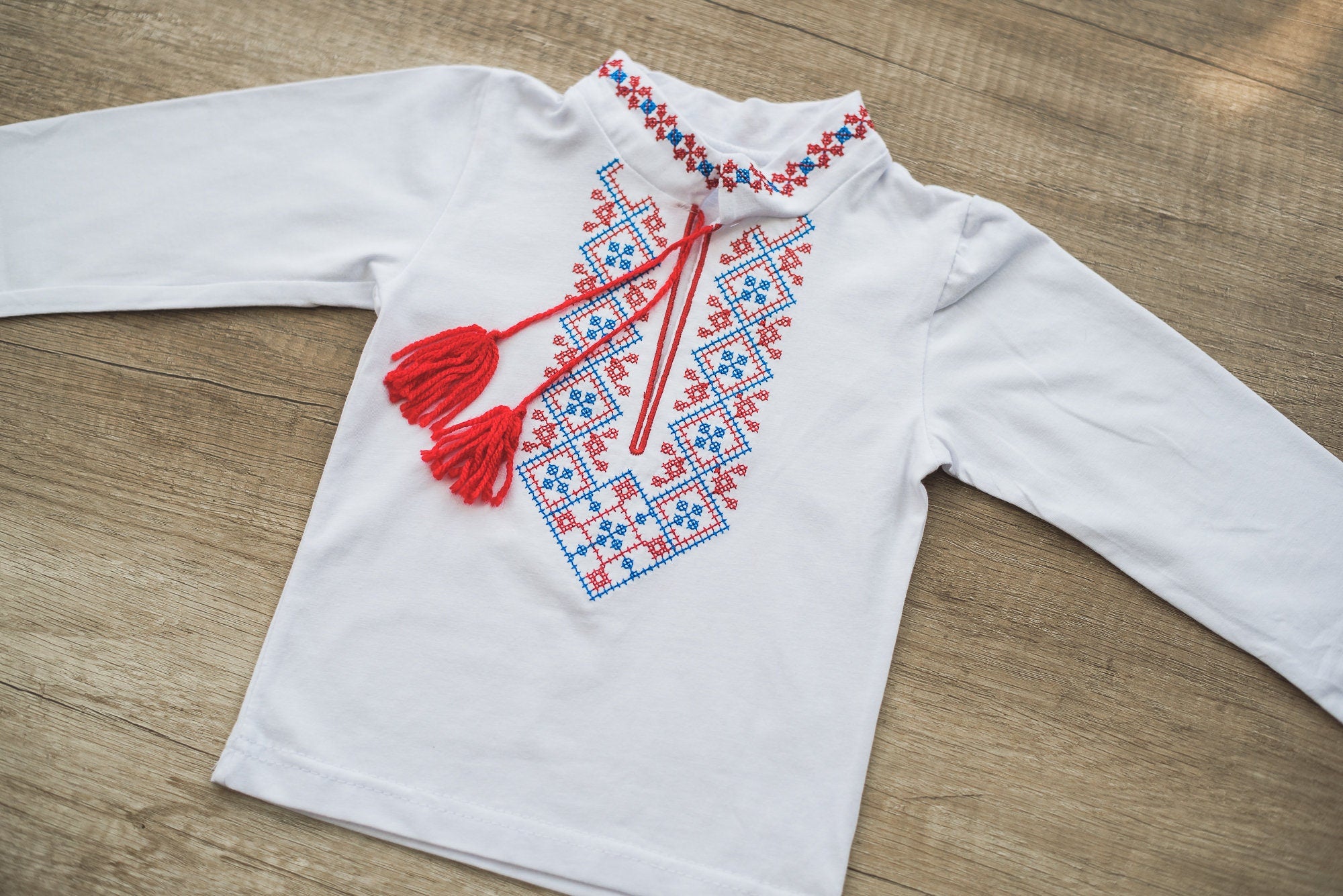 Traditional Ukrainian vyshyvanka for boys, embroidered baby and toddler shirt with red and blue patterns