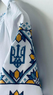 Embroidered sleeve detail of Ukrainian Vyshyvanka dress with Tryzub symbol in blue and yellow cross-stitch pattern.