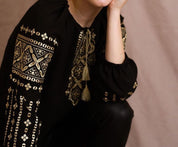 Elegant boho ethno blouse with intricate Ukrainian embroidery, perfect gift for women, showcasing modern Vyshyvanka style.