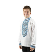Boy wearing a Ukrainian white linen shirt with blue embroidery, ideal for cultural events and casual wear, ages 5–16.