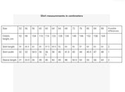 Size chart for boys' Ukrainian white linen shirt with blue embroidery, showing measurements in centimeters for sizes 52 to 88.
