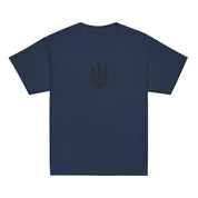 Youth classic t-shirt in blue featuring a Ukrainian Tryzub design.
