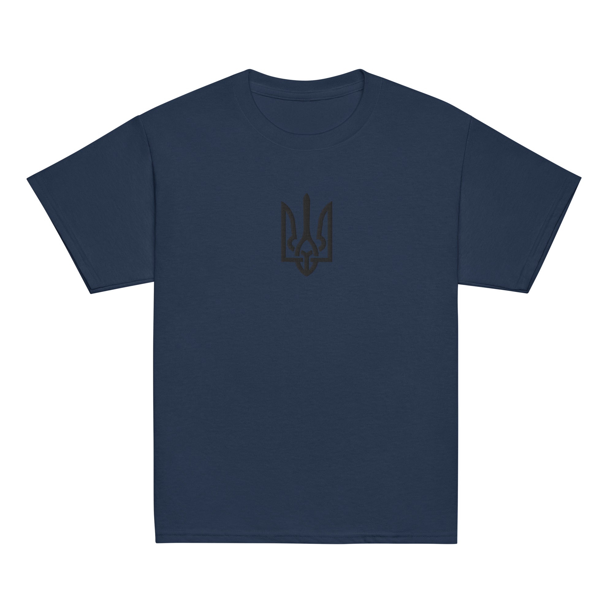 Youth classic t-shirt in blue featuring a Ukrainian Tryzub design.