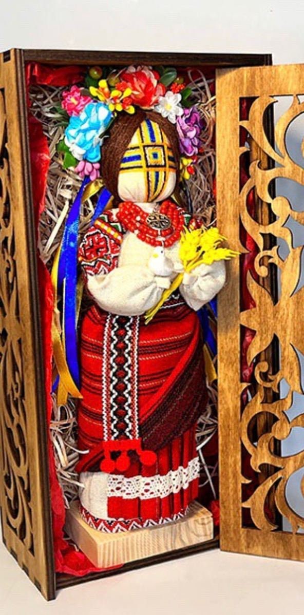 Unique Motanka Doll "Invincible" with dove and wheat, handmade Ukrainian talisman, in decorative box, symbol of strength and peace.