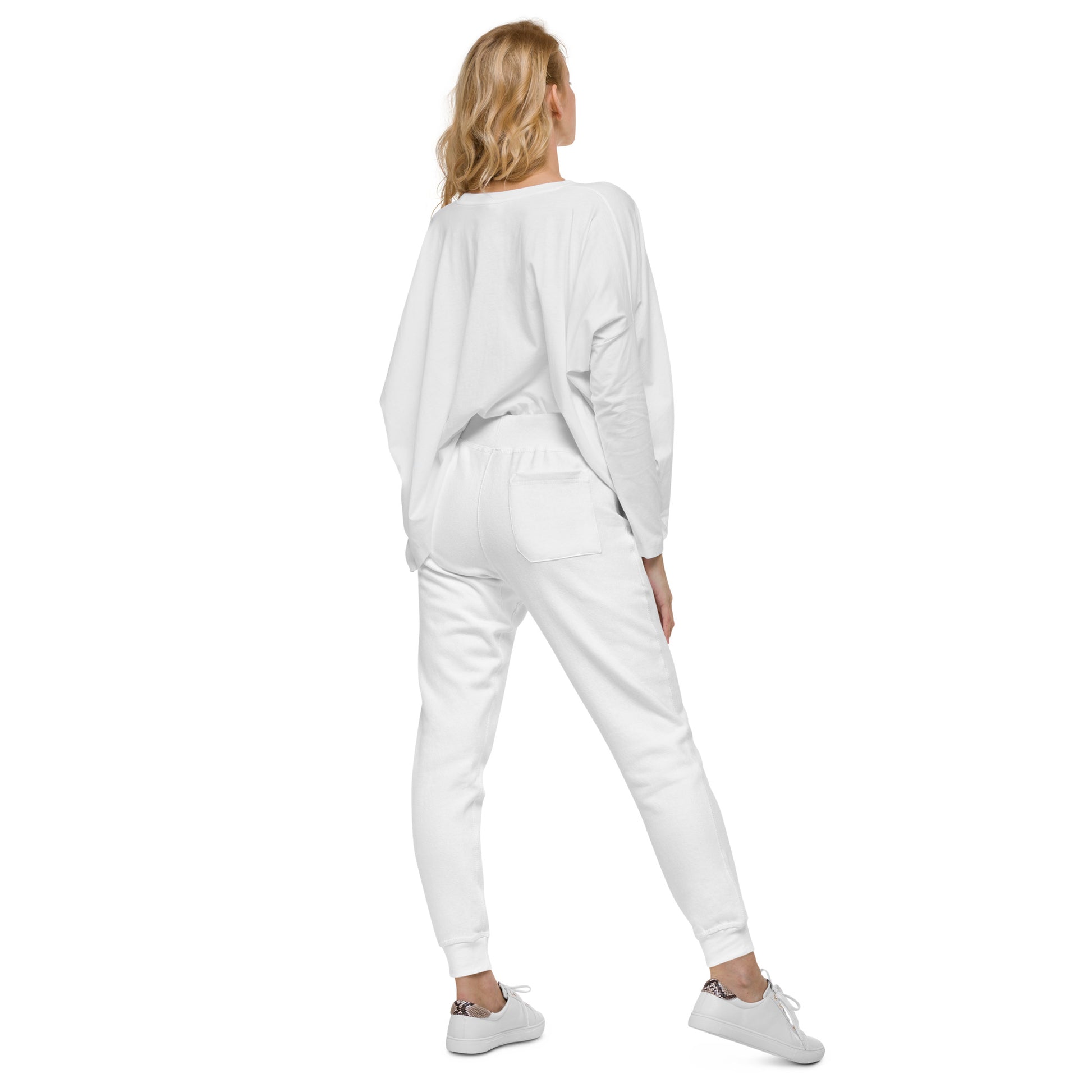 Woman wearing white Ukrainian Flag fleece sweatpants and matching top, showcasing back view for style and comfort.