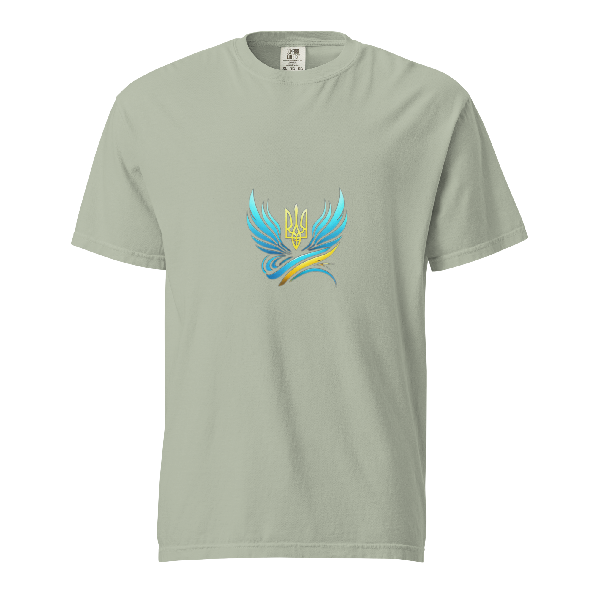 Ukrainian Vibe Trizub heavyweight t-shirt with unique design on front, 100% cotton, garment-dyed, relaxed fit for casual wear
