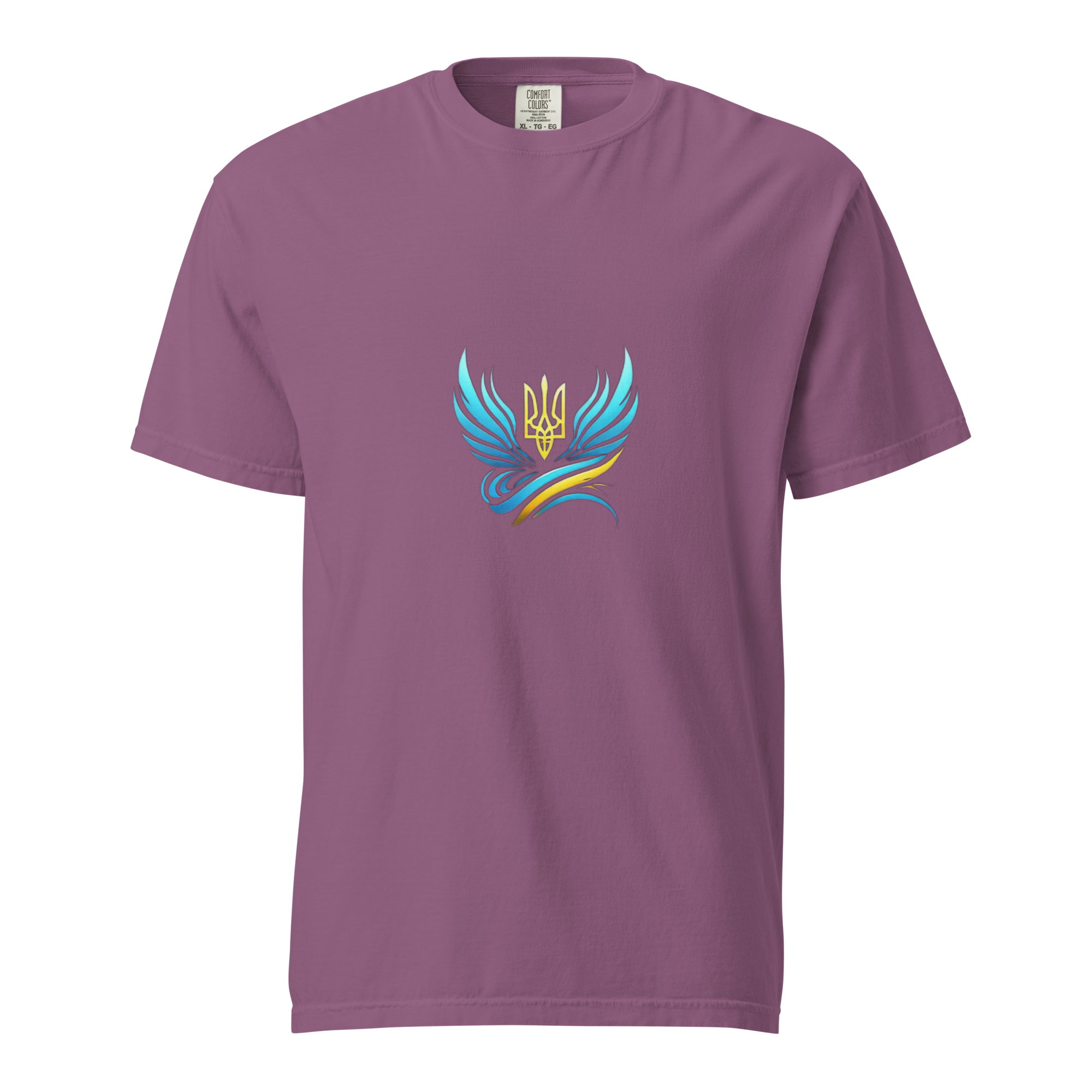 Pink Ukrainian Vibe Trizub Collection women's heavyweight t-shirt with blue and yellow Trizub emblem, made from 100% ring-spun cotton.