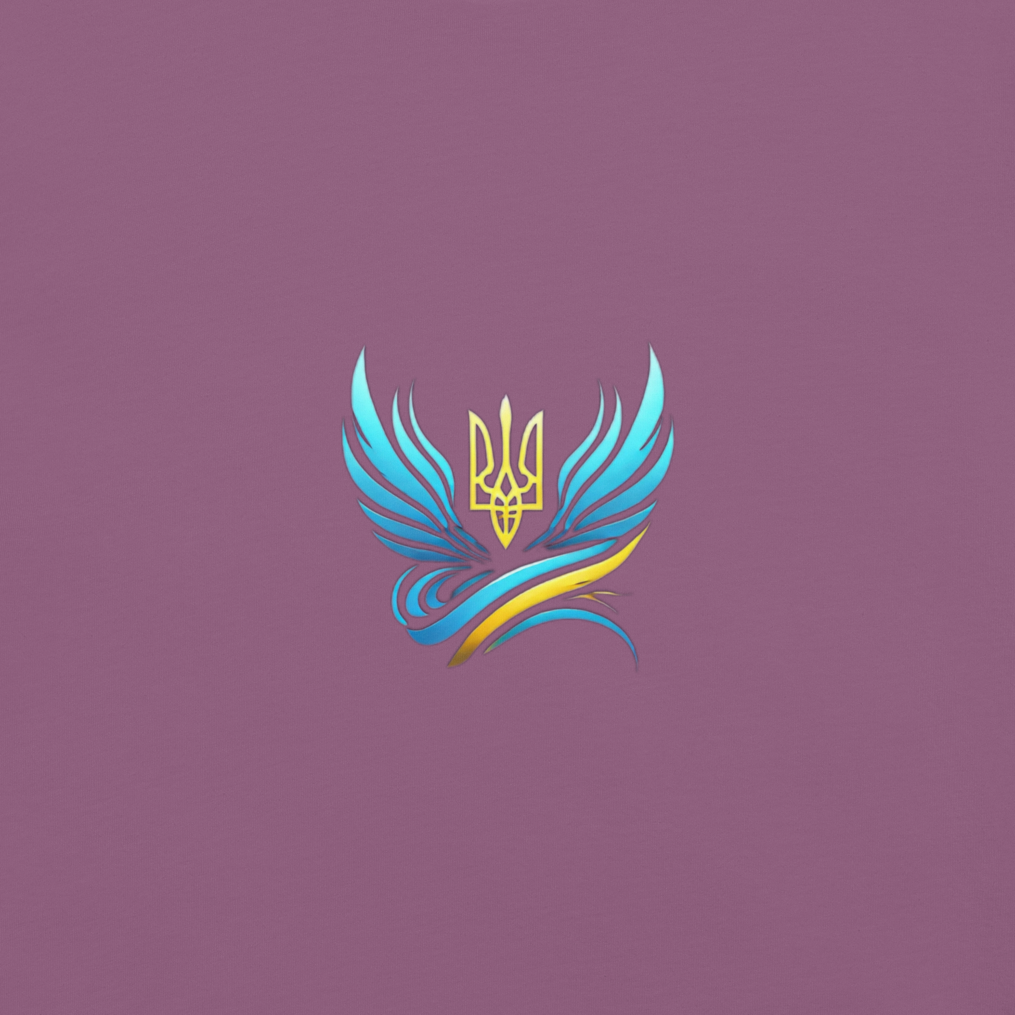 Emblem design with blue and gold wings and Ukrainian trident symbol on purple background.