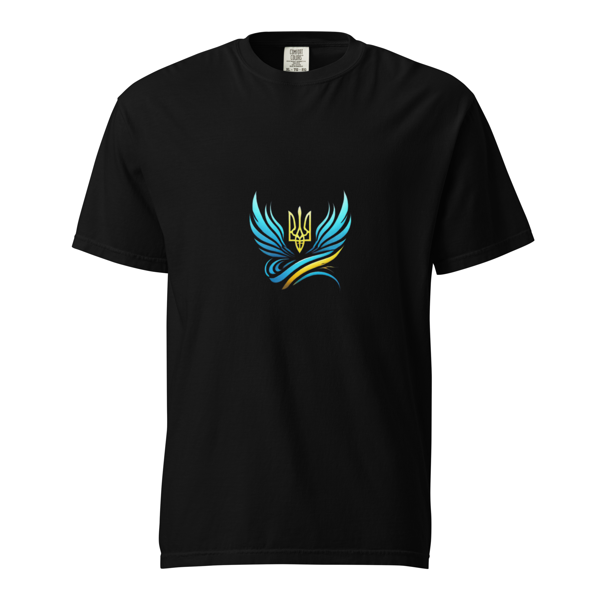 Black women's heavyweight t-shirt from Ukrainian Vibe Trizub Collection with a vibrant emblem, made of 100% ring-spun cotton.