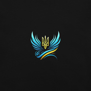 Stylized blue and yellow trident design on black background, resembling angel wings, representing Ukrainian heritage.