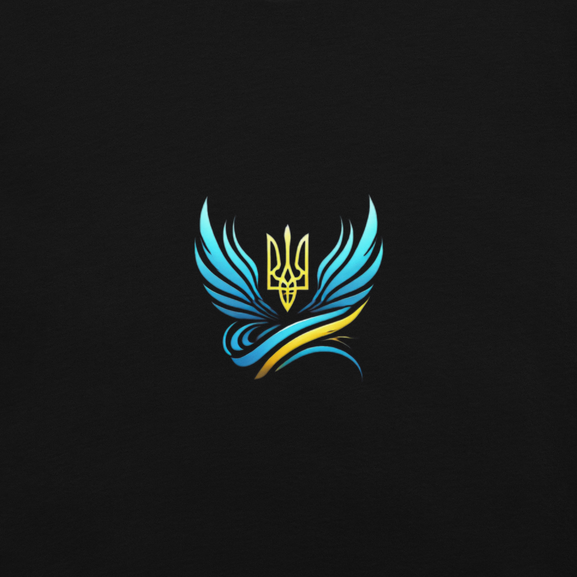 Stylized blue and yellow trident design on black background, resembling angel wings, representing Ukrainian heritage.