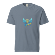 Ukrainian Vibe Trizub women's garment-dyed heavyweight t-shirt with blue wings design, 100% ring-spun cotton.