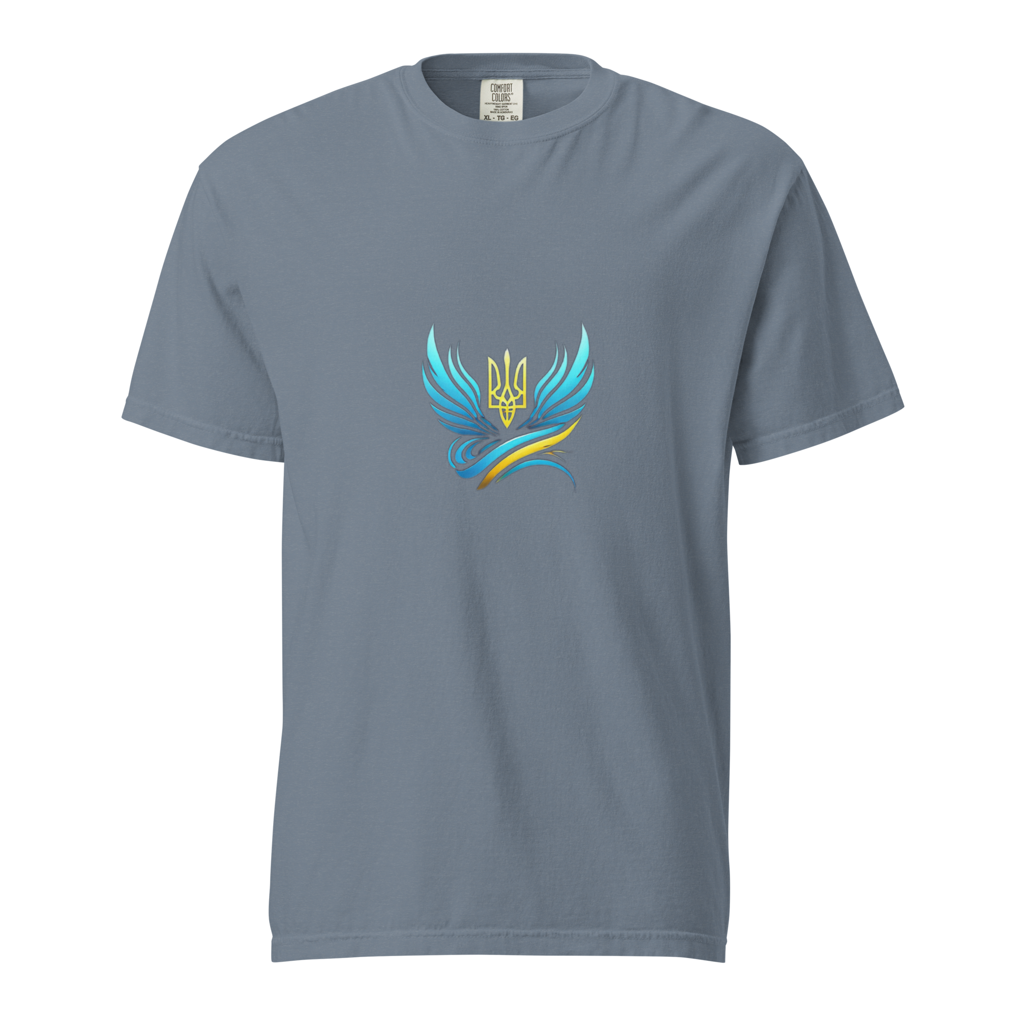 Ukrainian Vibe Trizub women's garment-dyed heavyweight t-shirt with blue wings design, 100% ring-spun cotton.