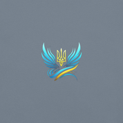 Ukrainian Trizub emblem with blue and gold wings on gray background