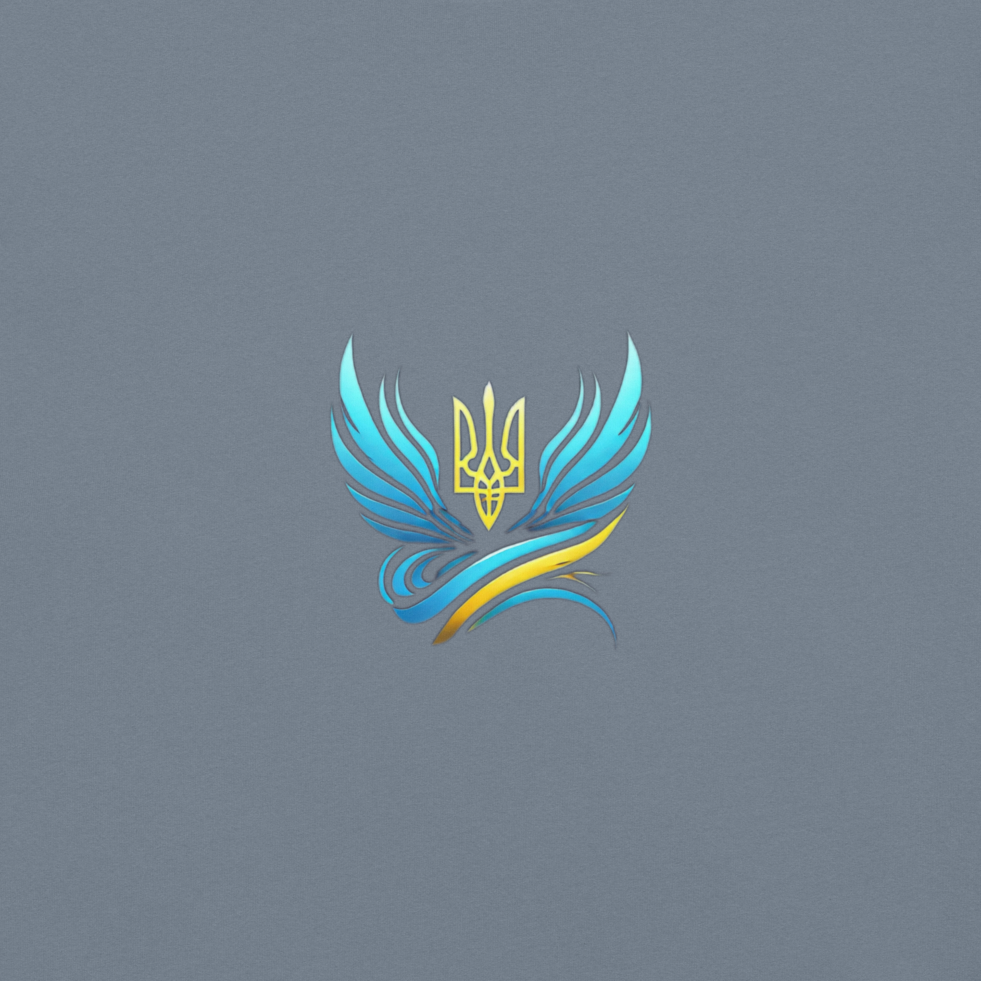 Ukrainian Trizub emblem with blue and gold wings on gray background