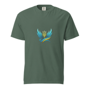 Ukrainian Vibe Trizub Collection women's heavyweight t-shirt with embroidered Tryzub symbol on forest green fabric.