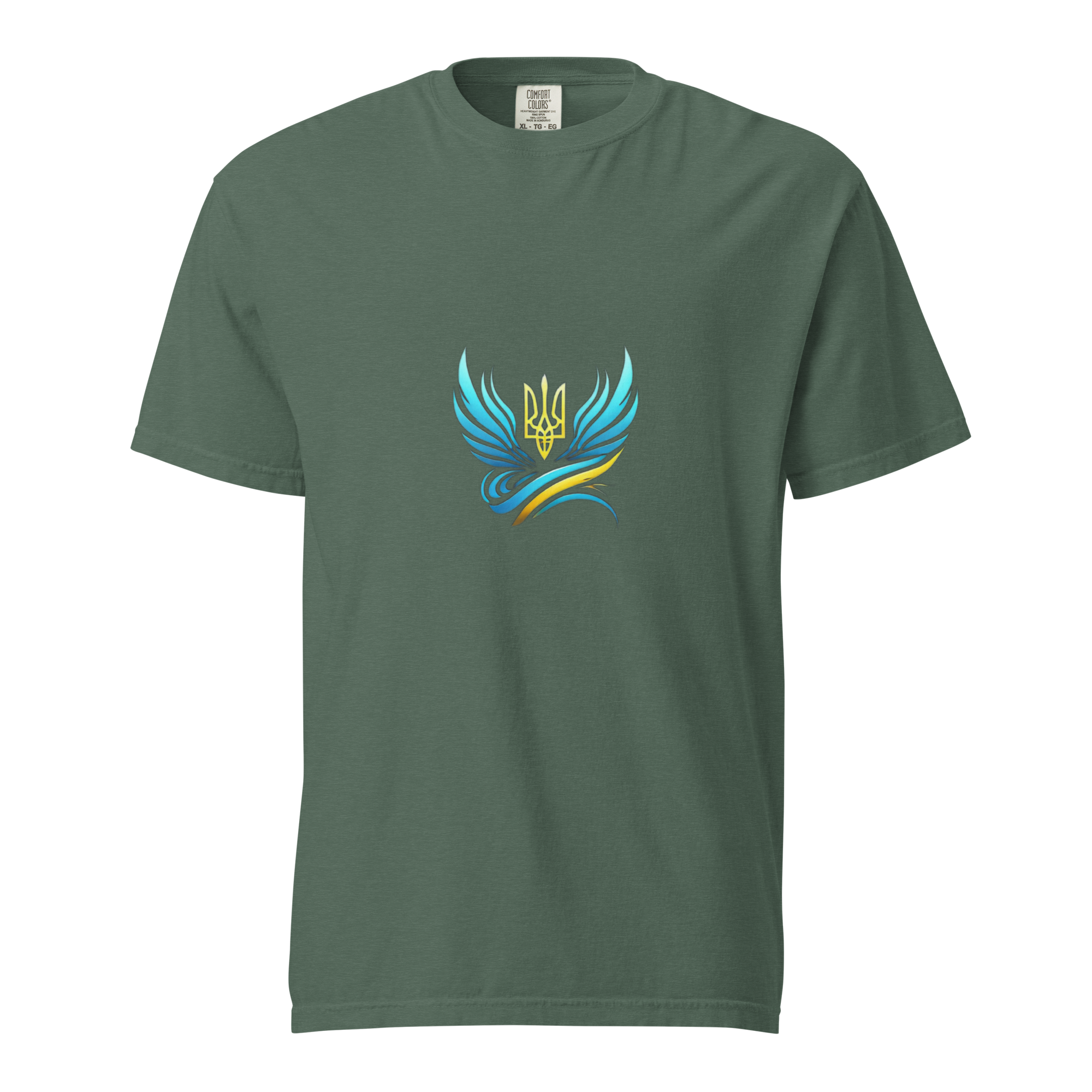 Ukrainian Vibe Trizub Collection women's heavyweight t-shirt with embroidered Tryzub symbol on forest green fabric.