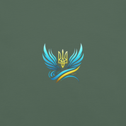 Ukrainian Trizub emblem with blue and yellow wings on green background, representing national pride and heritage.