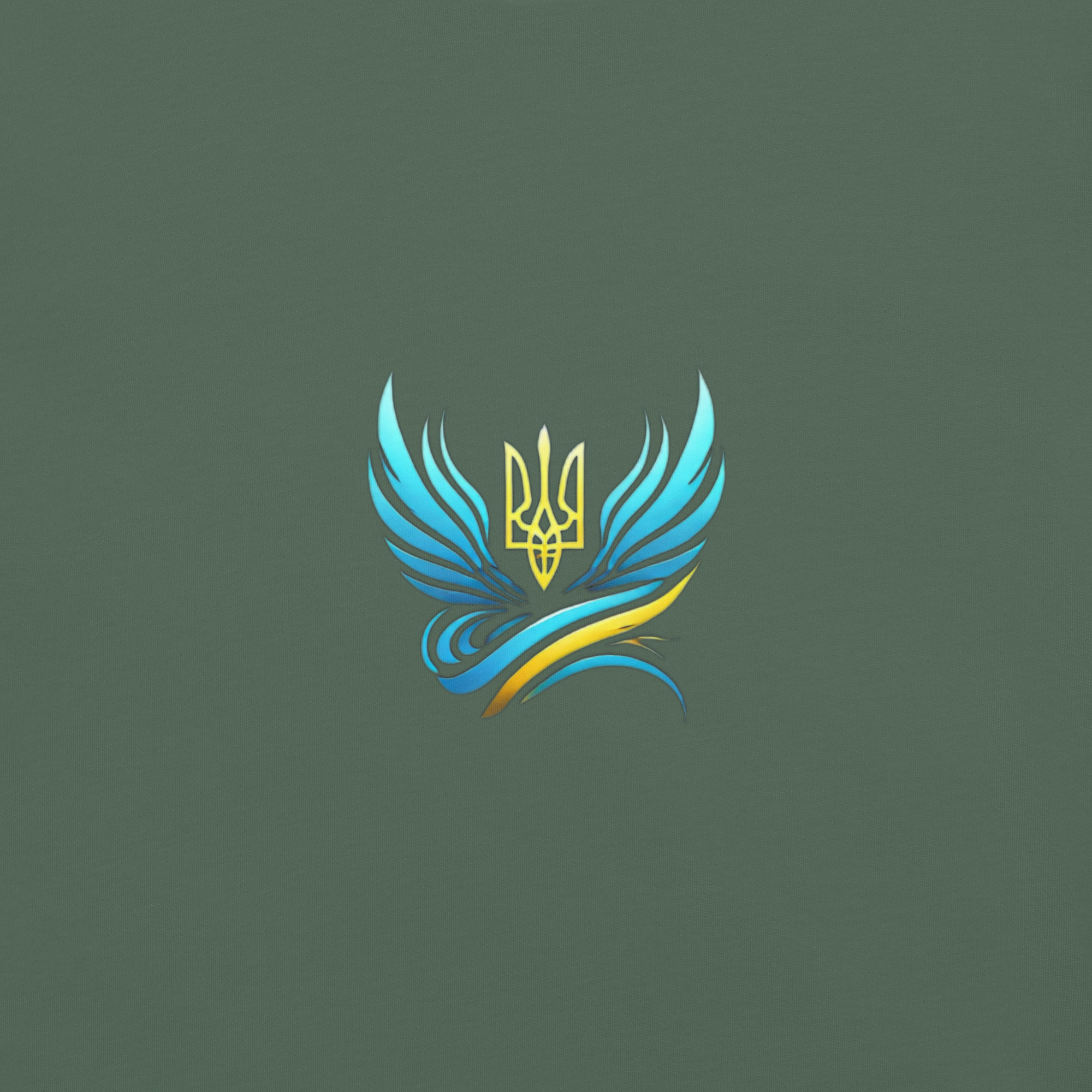 Ukrainian Trizub emblem with blue and yellow wings on green background, representing national pride and heritage.