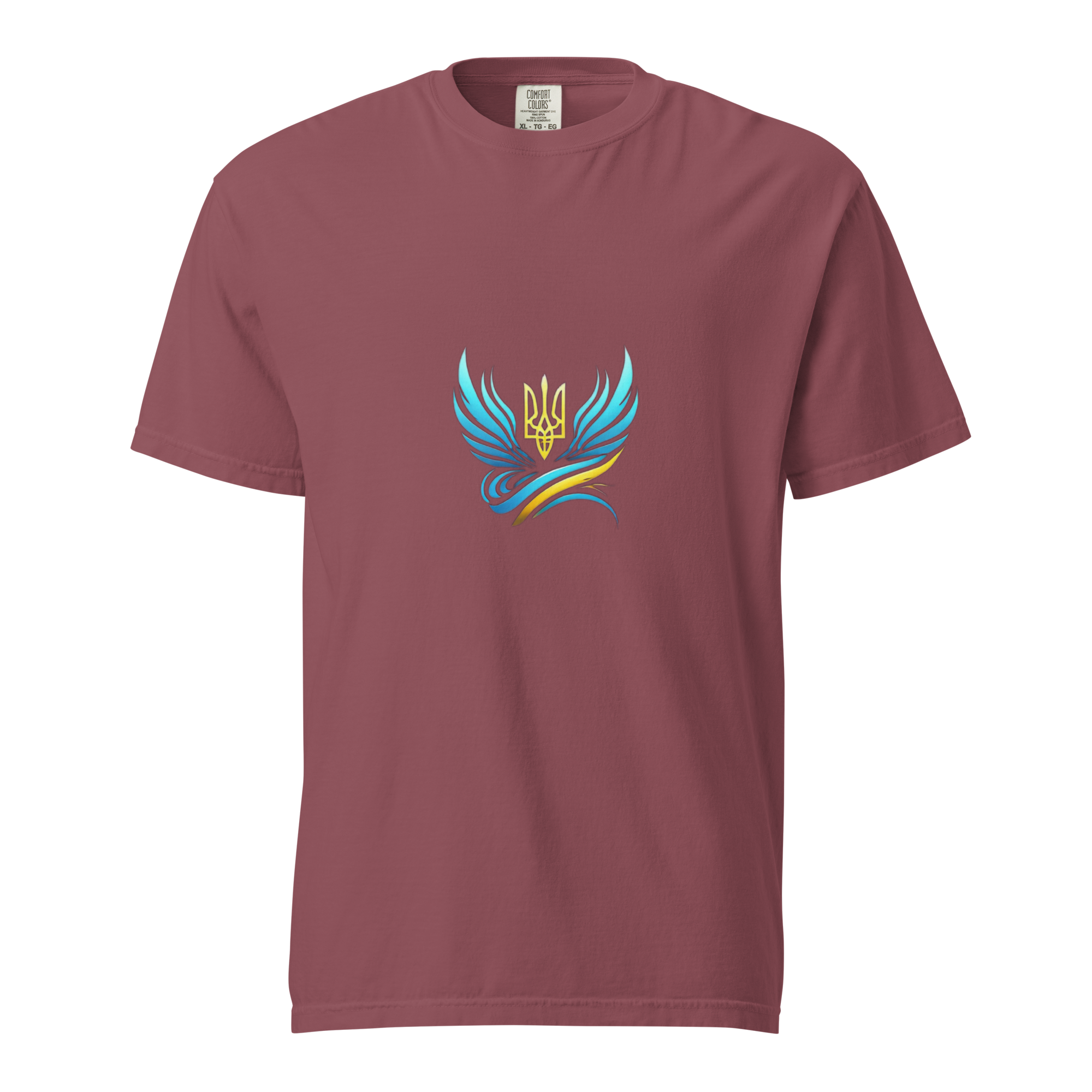 Ukrainian Vibe Trizub women's garment-dyed heavyweight t-shirt in maroon with intricate Trizub emblem design.