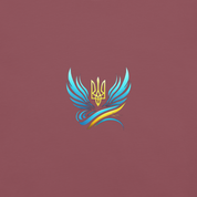 Ukrainian Vibe Trizub emblem with blue and yellow wings on maroon background