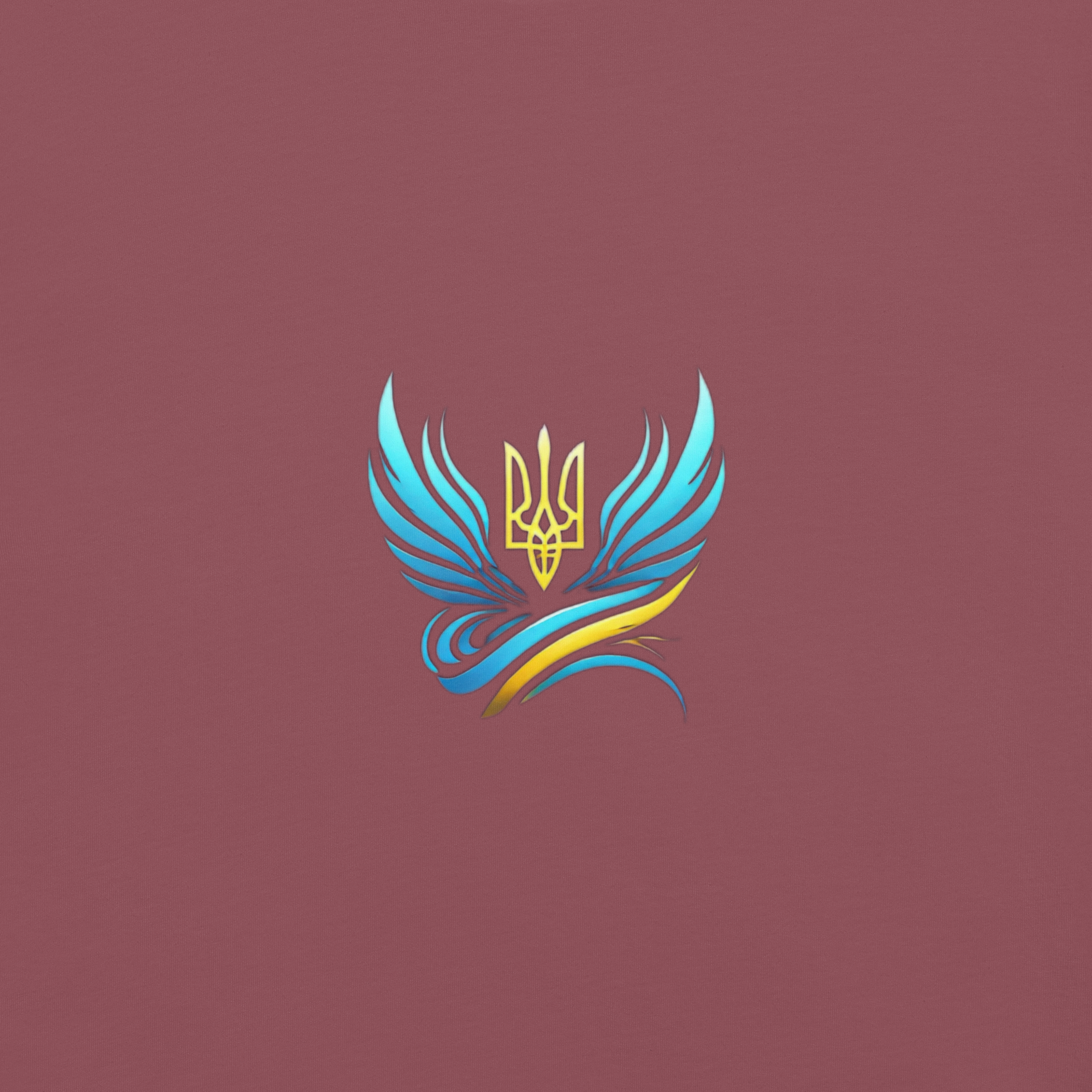 Ukrainian Vibe Trizub emblem with blue and yellow wings on maroon background