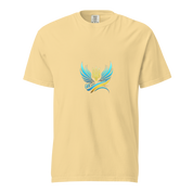 Ukrainian Vibe Trizub Collection women's heavyweight t-shirt, yellow with unique Trizub design, made from 100% ring-spun cotton.