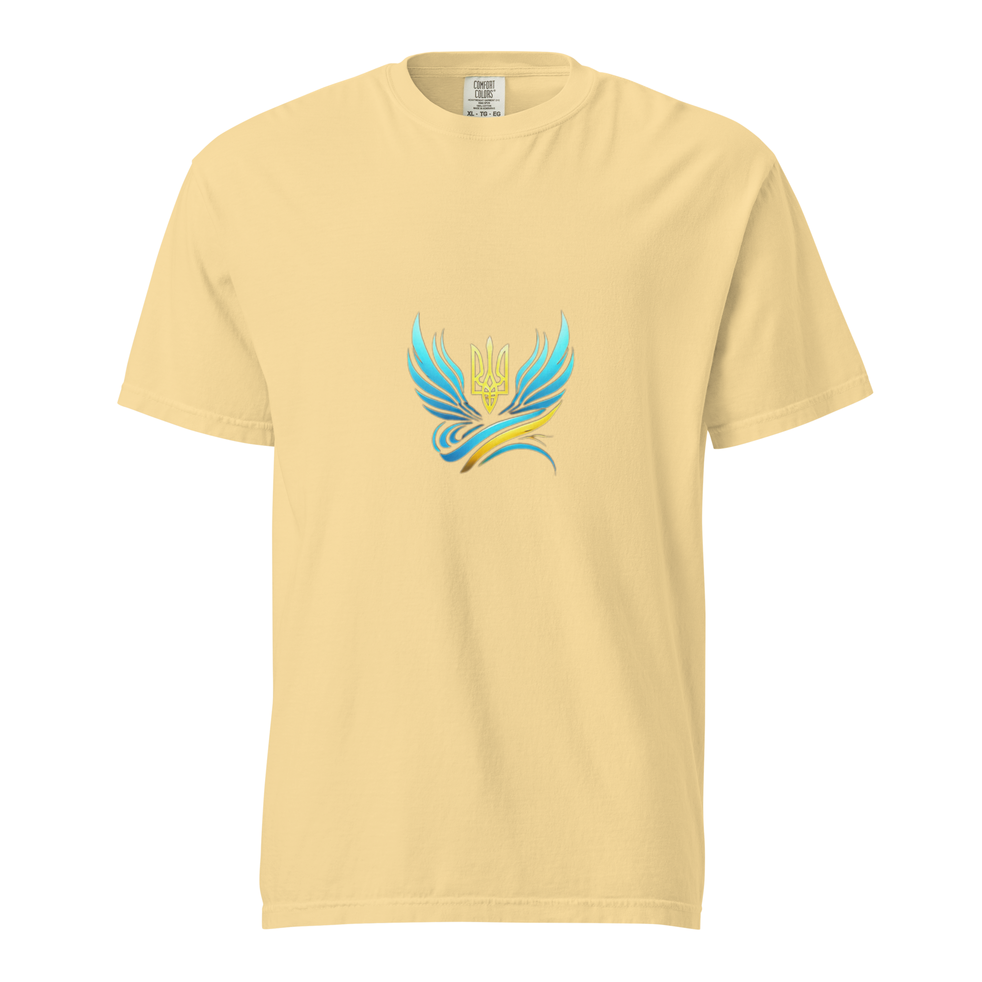 Ukrainian Vibe Trizub Collection women's heavyweight t-shirt, yellow with unique Trizub design, made from 100% ring-spun cotton.
