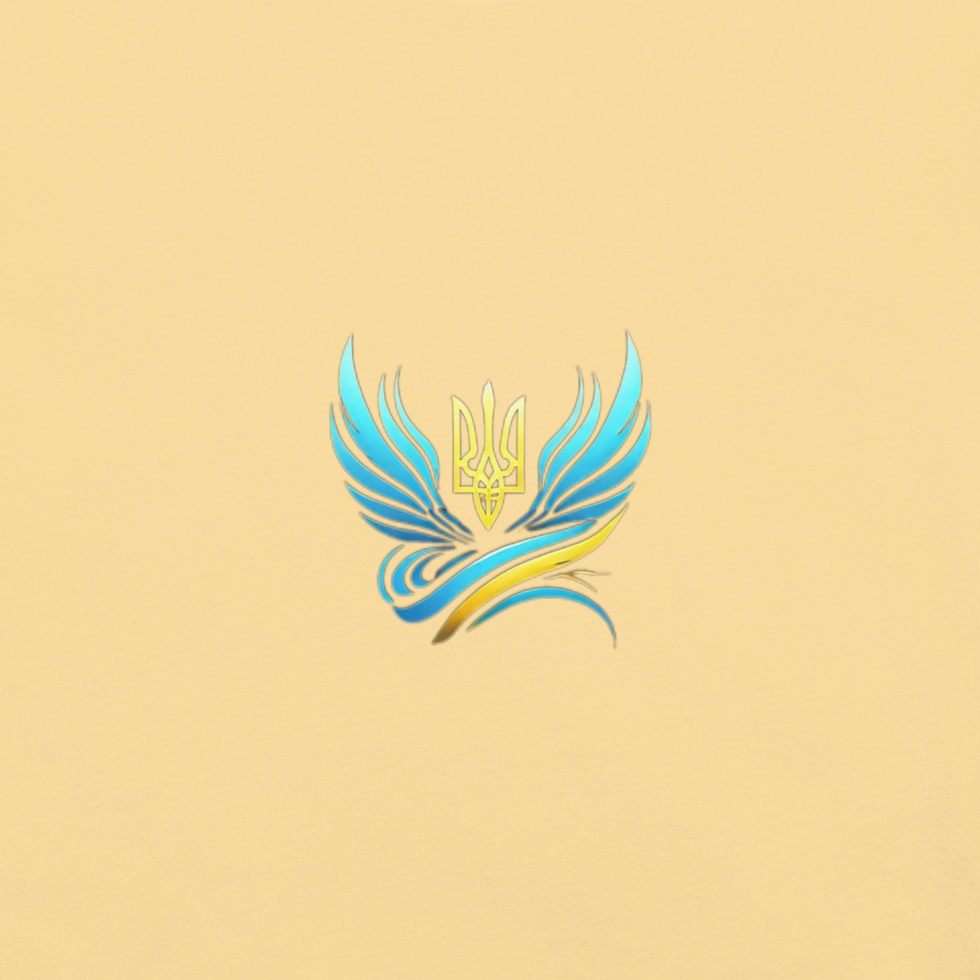 Blue and yellow winged Trizub emblem on Ukrainian Vibe garment-dyed t-shirt.