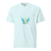 Ukrainian Vibe Trizub Collection women's heavyweight t-shirt in light blue with trident logo, garment-dyed for a soft feel.