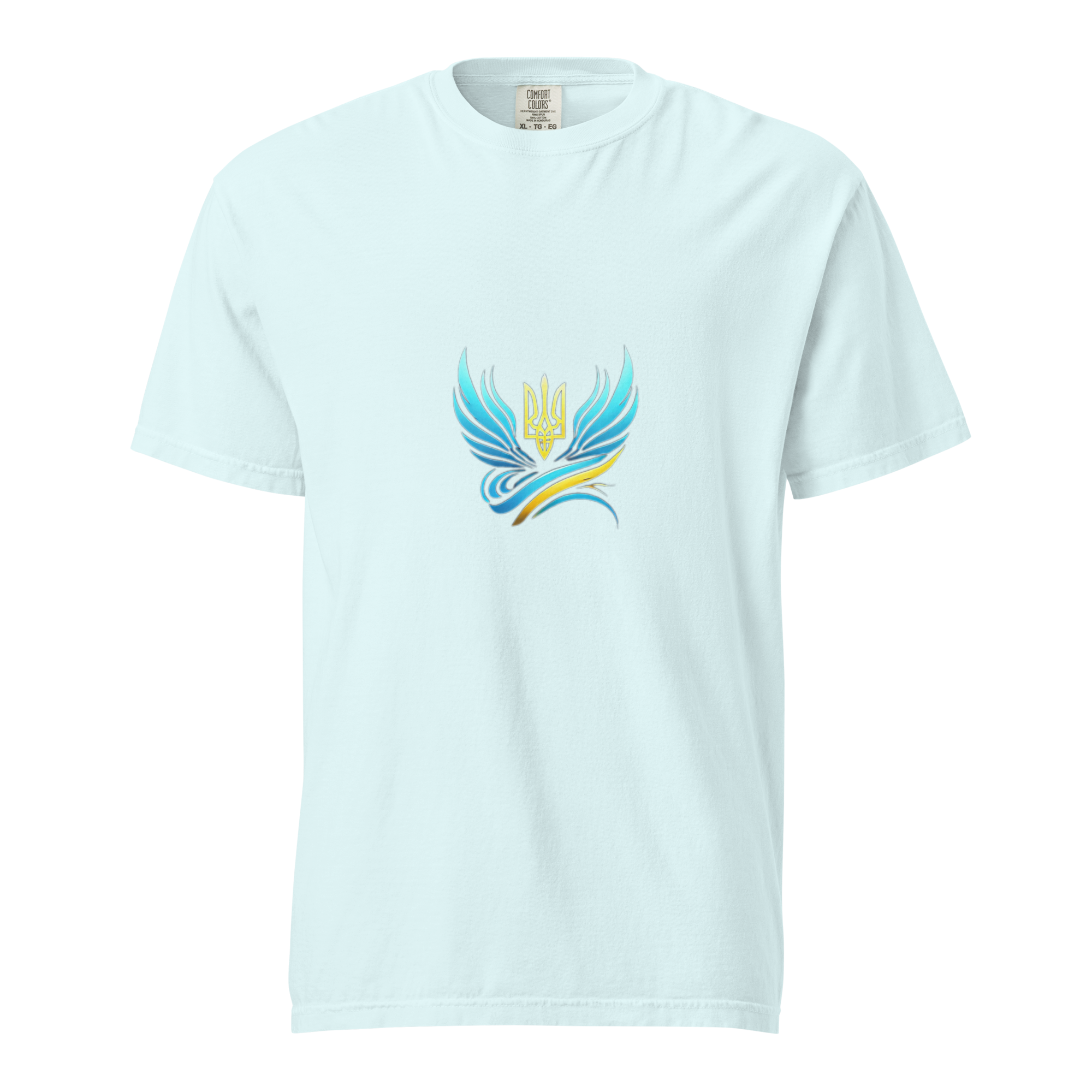 Ukrainian Vibe Trizub Collection women's heavyweight t-shirt in light blue with trident logo, garment-dyed for a soft feel.