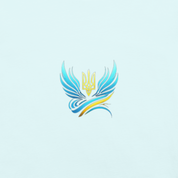 Stylized Ukrainian trident emblem with blue wings on a light background