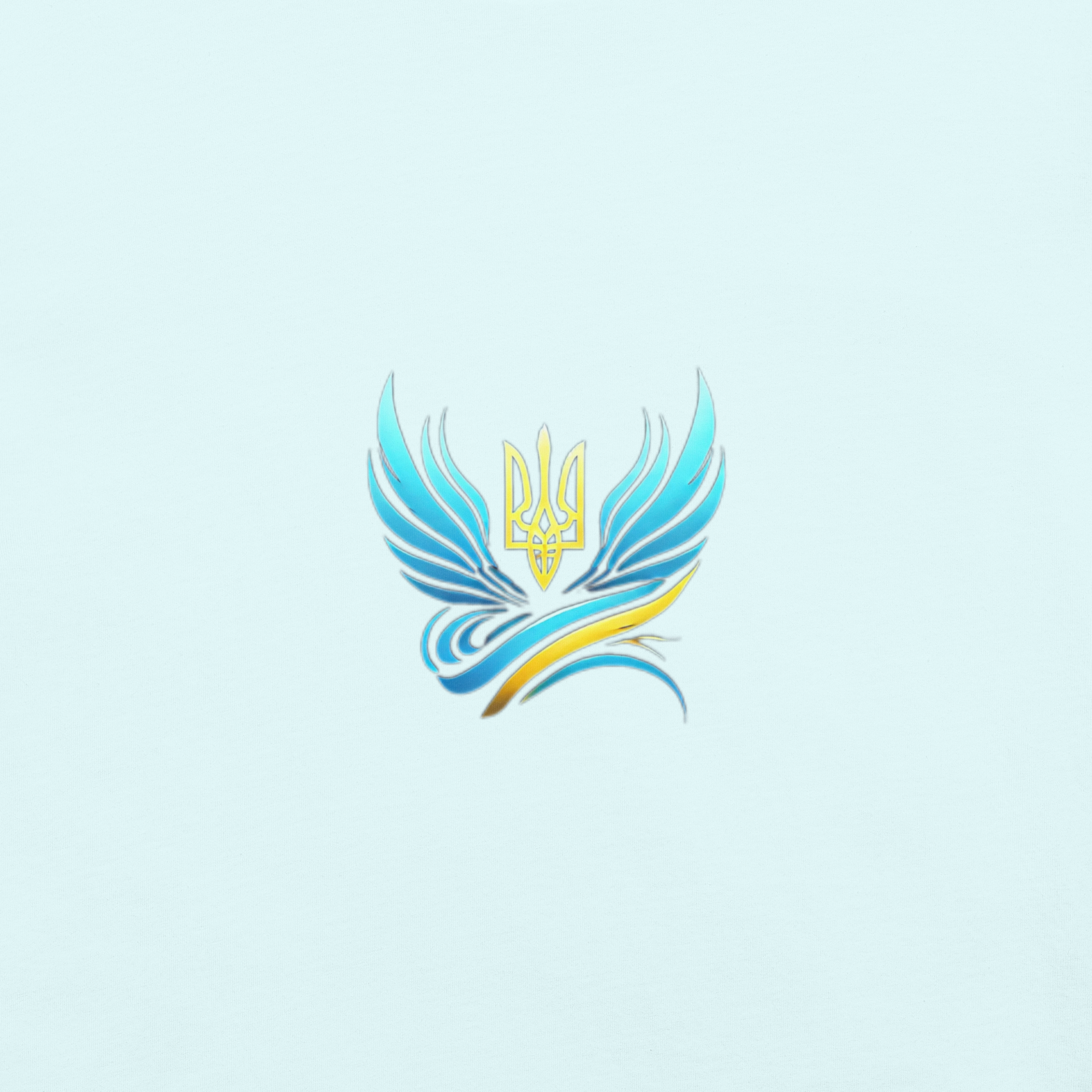 Stylized Ukrainian trident emblem with blue wings on a light background