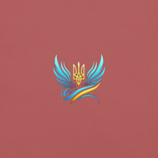 Ukrainian Vibe Trizub Collection design on a red background featuring blue and yellow abstract wings with a Trident symbol.