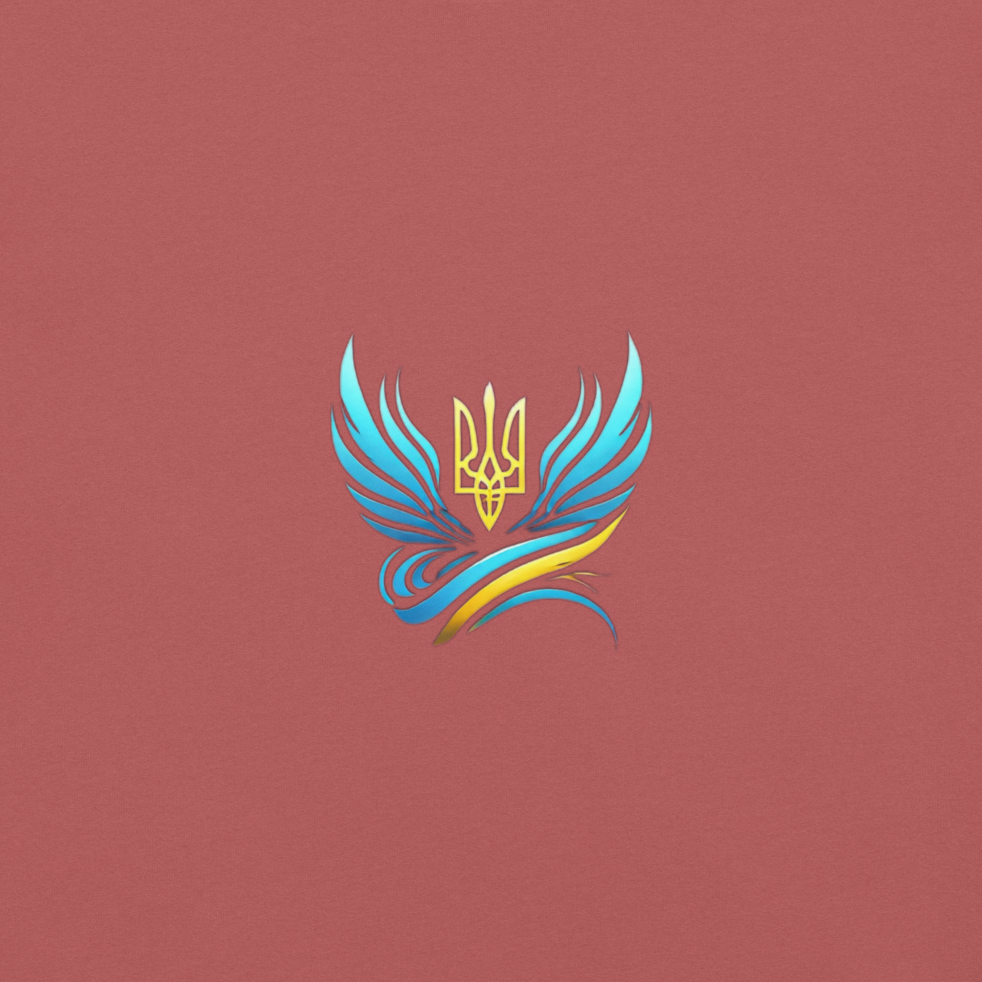 Ukrainian Vibe Trizub Collection design on a red background featuring blue and yellow abstract wings with a Trident symbol.
