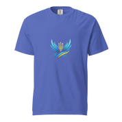 Ukrainian Vibe Trizub Collection heavyweight t-shirt with Trident emblem and blue wings design on a garment-dyed cotton fabric.