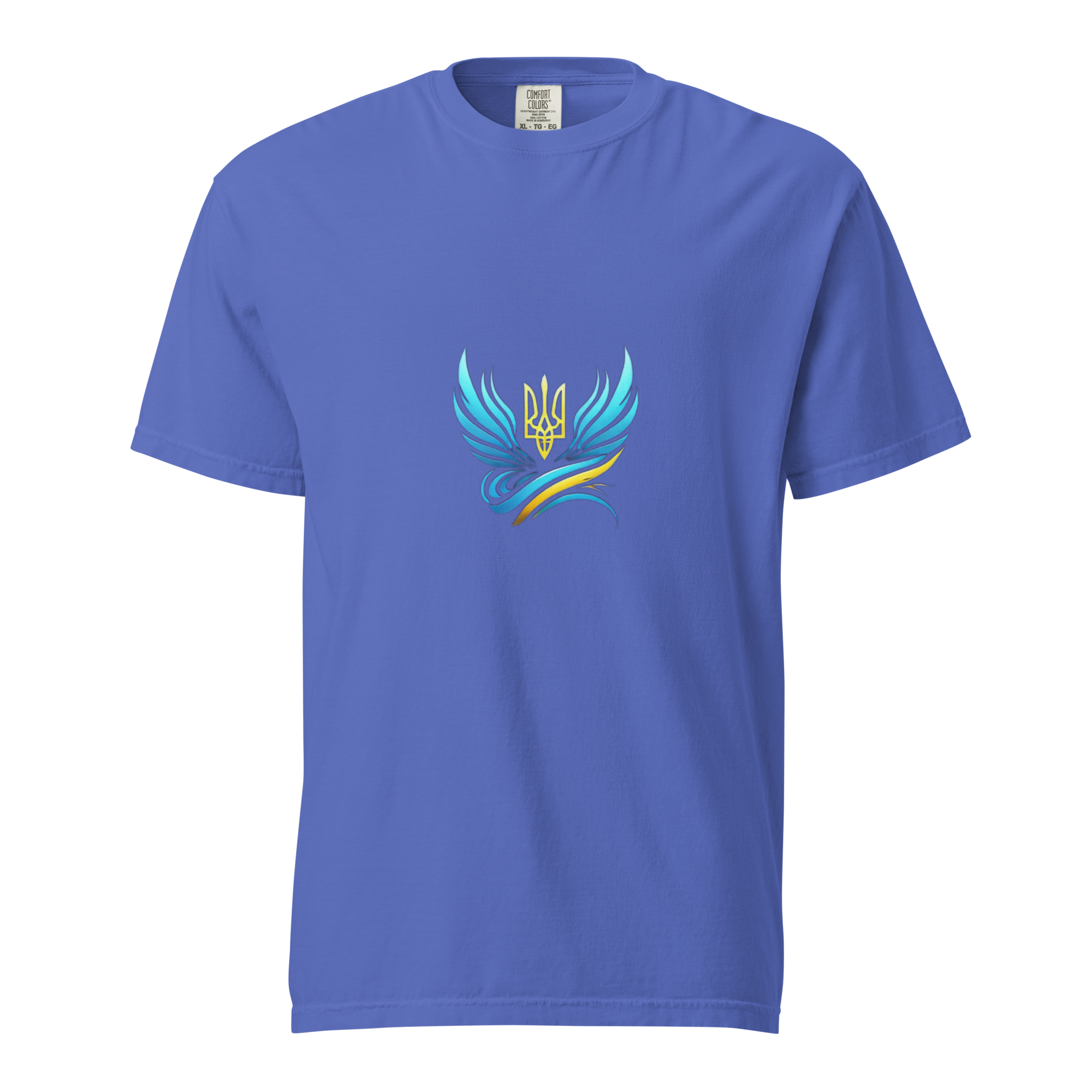 Ukrainian Vibe Trizub Collection heavyweight t-shirt with Trident emblem and blue wings design on a garment-dyed cotton fabric.