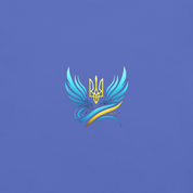 Illustration of a blue and yellow trident design on a purple background, symbolizing Ukrainian heritage and pride.