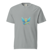 Ukrainian Vibe Trizub Collection women's garment-dyed heavyweight t-shirt with blue Trizub design, 100% cotton, relaxed fit.